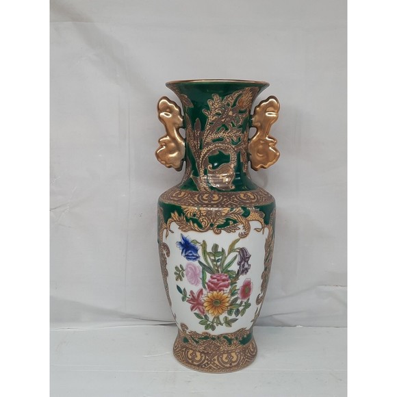 LARGE 10.5" Chinese Porcelain Vase with Gold Gilded Handles Hand Painted - Picture 3 of 10